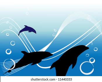 three dolphins swimming in vector ocean