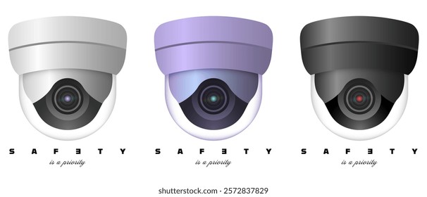 Three dome security cameras in gray, purple, and black variations with text Safety is a priority below. Digital vector illustration isolated on white background. Surveillance and safety concept