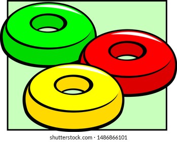 Three Donut Shaped Hard Candy Pieces Illustration