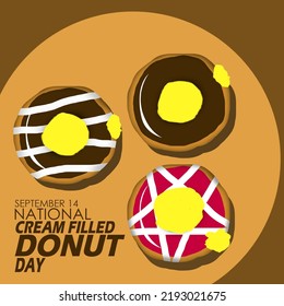 Three donuts with different flavors and filled with cream with bold text on brown background to celebrate National Cream Filled Donut Day on September 14