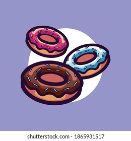 drei Donuts Geschmack Cartoon Vektorgrafik. Schokolade, Vanille, Erdbeere. Ideal für Restaurants und Straßenrestaurants. Einziger Premium-Vektor