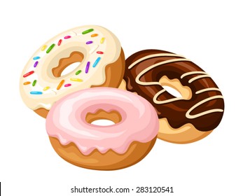 Three donuts with glaze and sprinkles isolated on a white background. Vector illustration.