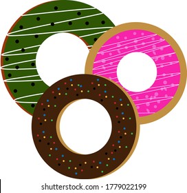 three donuts (green tea  chocolate and strawberry)