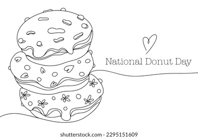 Three donuts with icing and sprinkles. A stack of donuts. National Donut Day. One line drawing for different uses. Vector illustration.