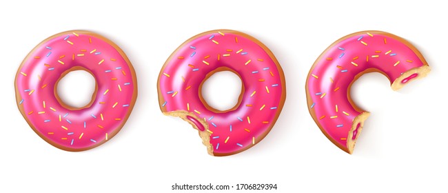 Three donuts on white background. Sweet donut with glaze and stuffing. Realistic vector illustration.