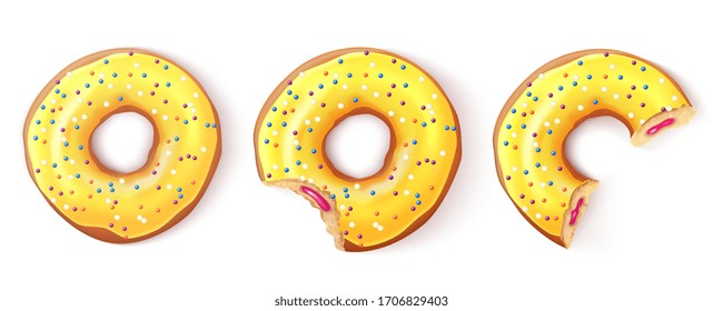 Three donuts on white background. Sweet donut with glaze and stuffing. Realistic vector illustration.