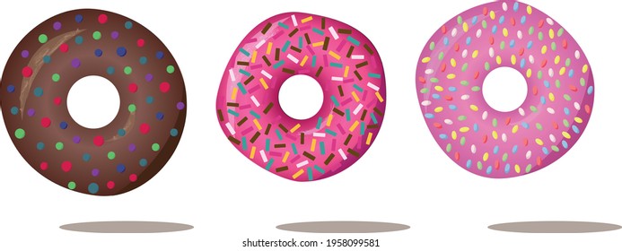 Three donuts on white background. Sweet donut with glaze and stuffing. Realistic vector illustration