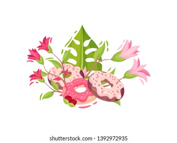 Three donuts in pink eyes with chips. Vector illustration on white background.