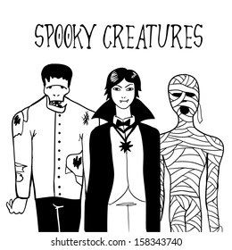 Three doodle characters for halloween. 