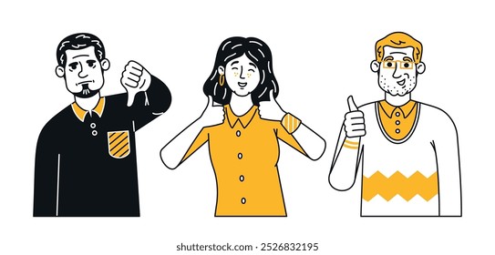 Three Doodle Characters Showcasing Different Emotions Through Gestures. Vector Image Captures Sad Man With A Thumbs Down