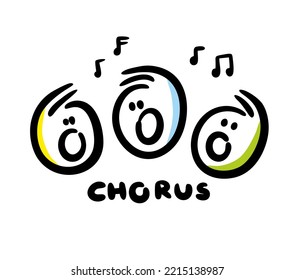 Three doodle faces of singing song children. Vector illustration of cute hand drawn chorus and notes above.