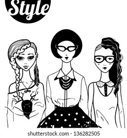 Three doodle fashion "hipster" women.