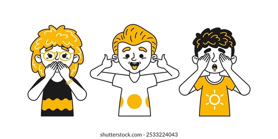 Three Doodle Kids Characters Expressing The See No Evil, Hear No Evil, Speak No Evil Emotions. First Child Covers Mouth