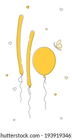 Three doodles balloons with little butterfly on a white background for greeting card.