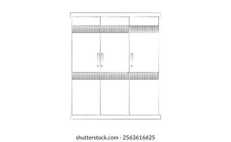 Three Door Almirah Vector Illustration, shelves with books, bookshelf background, Showcase Outline Illustrations.