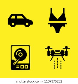 three door car, bikini, drone and hard drive vector icon set. Sample icons set for web and graphic design