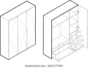 Three Door Closet, Wardrobe, Cabinet and Furniture Vector