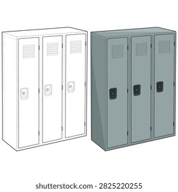 Three door metal storage locker presented in outline and colored variations, industrial cabinet with individual compartments ventilation slots and secure handles, practical storage furniture for offices schools changing rooms and commercial interiors