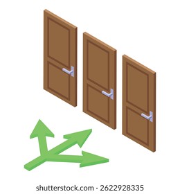 Three doors and three green arrows showing different directions representing choice, opportunity, solution and decision making