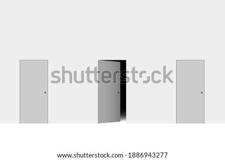 Three doors, one door is open slightly with darkness behind it. Concept of choice, alternatives, vague prospects and uncertain future, life-changing moment
