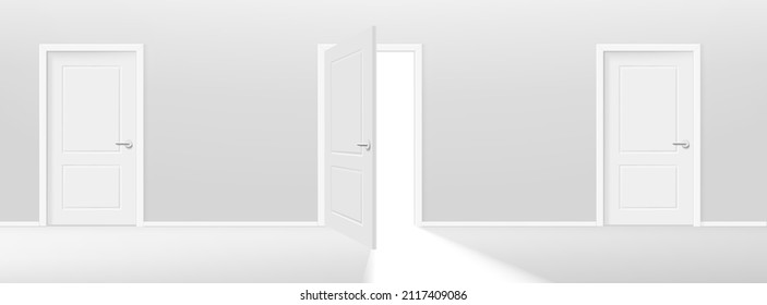 Three doors one of them is opening. Realistic 3d style vector illustration 