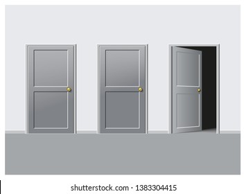 Three doors. The open door to the dark room. Two doors are closed. Vector illustration. Background for advertising.