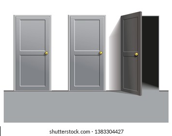 Three doors. The open door to the dark room. Two doors are closed. Vector illustration. Background for advertising.