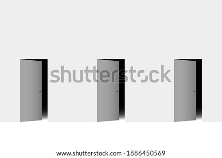 Three doors are open slightly with darkness behind them. Concept of choice, alternatives, vague prospects and uncertain future, life-changing moment