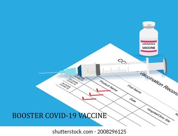 Three doses of covid-19 vaccination. Booster dose for high immunity. Syringe and needle, vaccine bottle and vaccination card with check marks.