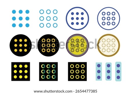Three Dots Circular icon set in Various Shapes and Various Colors Vector Illustration.