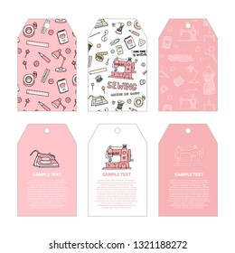 Three double-sided tags with place for your text in pink color for clothes and handmade items decorated in the theme of sewing as a hobby and handmade