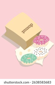 Three doughnut in paper bag design mint, tiramisu, and strawberry donut illustration editable for use 