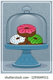 Three doughnuts under a cake dome.