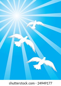 Three dove into blue sky. Vector illustration