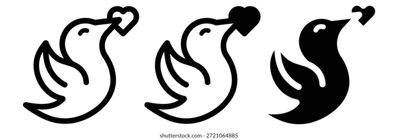Três pombas com corações simbolizando amor e tranquilidade, ícone da pomba. Ícone pomba simples para mídia social, aplicativo e web design, Pigeon com ícone de linha do coração. Sinal de pomba. Símbolo do amor.