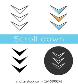 Three down arrows icon. Page browsing vertical direction, download marker. Website pointer. Scrolldown cursor, next button, indicator. Linear black and RGB color styles. Isolated vector illustrations