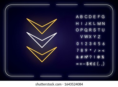 Three down arrows neon light icon. Page browsing vertical direction, download marker. Outer glowing effect. Sign with alphabet, numbers and symbols. Vector isolated RGB color illustration