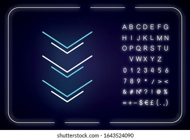 Three down arrows neon light icon. Page browsing direction, download. Website pointer. Outer glowing effect. Sign with alphabet, numbers and symbols. Vector isolated RGB color illustration