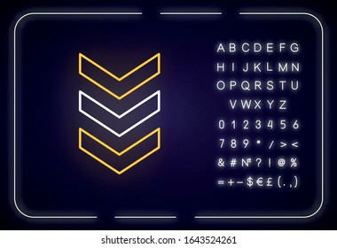 Three down arrows neon light icon. Vertical scrolling button. Downloading process indicator. Outer glowing effect. Sign with alphabet, numbers and symbols. Vector isolated RGB color illustration