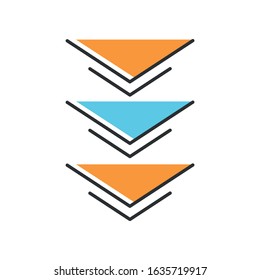 Three down arrows orange RGB color icon. Page browsing direction, download. Website pointer. Web cursor. Scrolldown application interface directional button. Isolated vector illustration