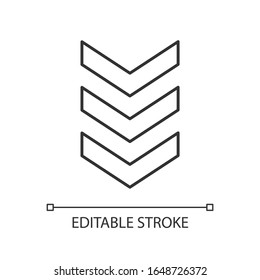 Three down arrows pixel perfect linear icon. Vertical scrolling button. Scrolldown web cursor. Thin line customizable illustration. Contour symbol. Vector isolated outline drawing. Editable stroke