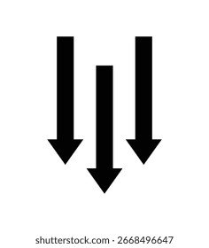 Símbolo de ícone de três setas para baixo representando o conceito de download, diminuição, queda, redução, navegação, direção para baixo, prioridade, movimento, declínio e redução no design de negócios