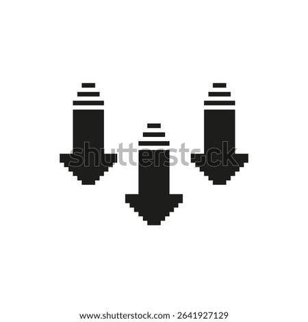 Three Downward Arrows Pixel Art Icon. Directional Navigation, Download, And Decrease Symbol. Retro Gaming Style. Isolated Vector Illustration.