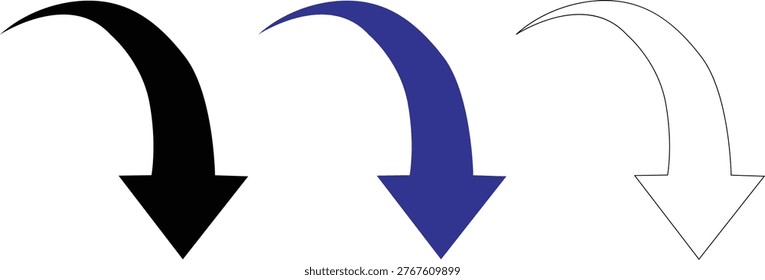 Three downward pointing arrows: solid black, solid blue, and outline direction
