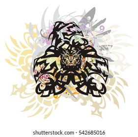 Three dragon head colorful splashes. Three-headed awful peaked dragon with feathers and the cat's head
