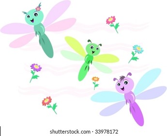 Three Dragonflies with Flowers Vector