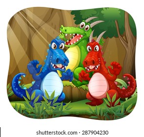 Three dragons in the jungle at daytime
