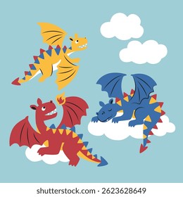three dragons tricolor on  sky vector clip art