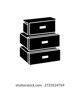 Ícone de silhueta de peito de armazenamento de três gavetas, ilustração de vetor de móveis de escritório ou quarto moderna para organização e decoração de casa