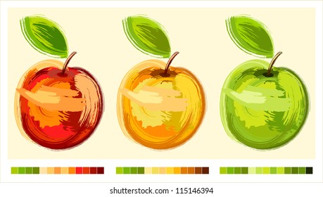 Three drawing apple different colours with green sheet - sketch